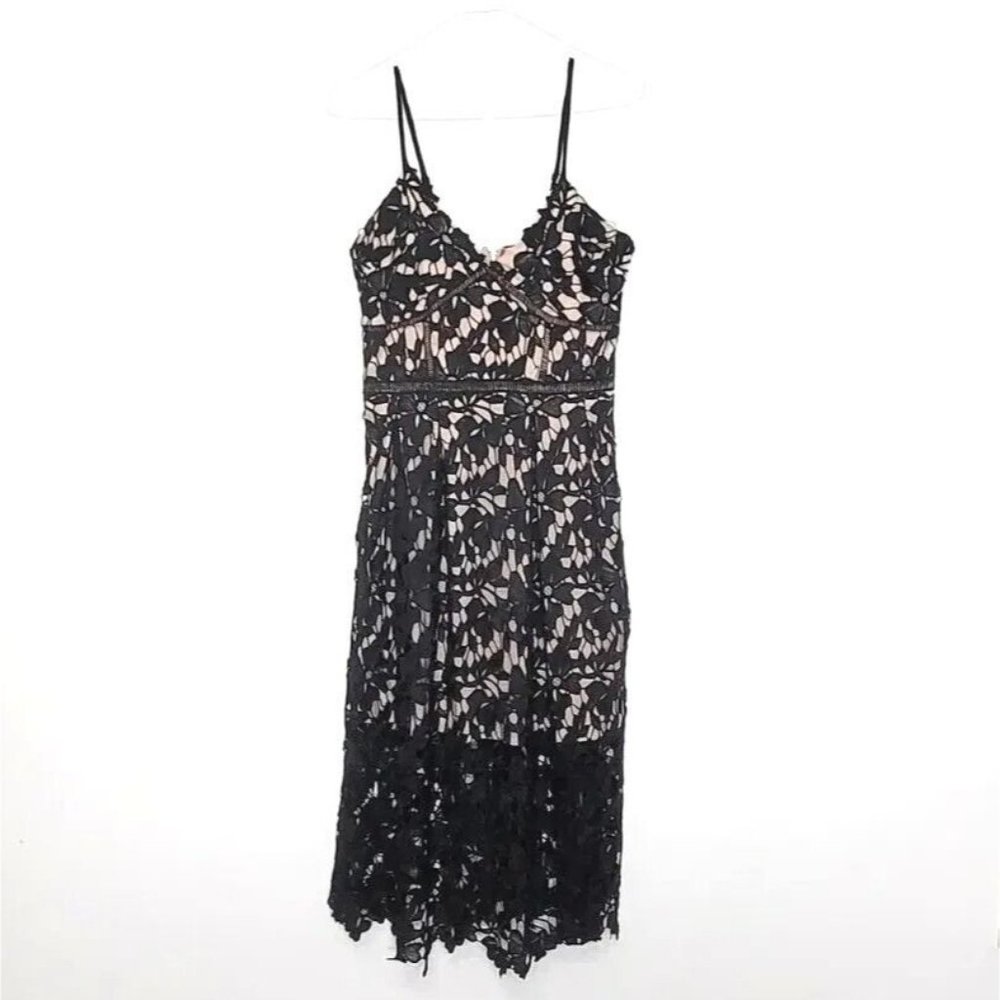 love...ady Black Lace Overlay Midi Dress with Nude Lining